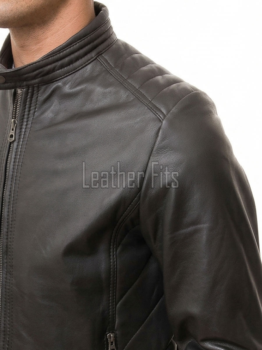 Men Black Leather Jacket - Vintage Cafe Racer Moto Biker Premium Real Sheepskin Padded Shoulder Slim Fit Zip Coat Men Sleek Outerwear