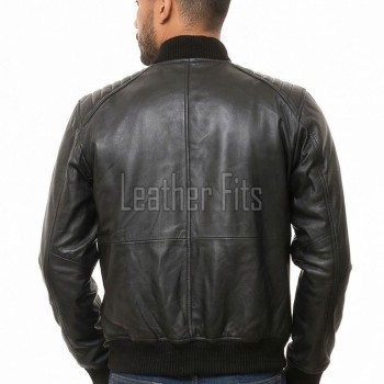Men Black Leather Bomber Jacket - Vintage Flight Moto Biker Premium Real Sheepskin Padded Shoulder Rib-Knit Slim Fit Zip Coat Men Outerwear