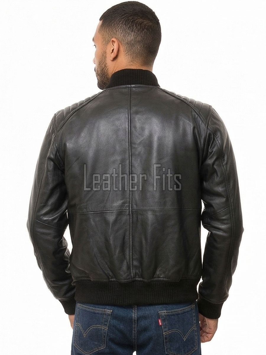 Men Black Leather Bomber Jacket - Vintage Flight Moto Biker Premium Real Sheepskin Padded Shoulder Rib-Knit Slim Fit Zip Coat Men Outerwear