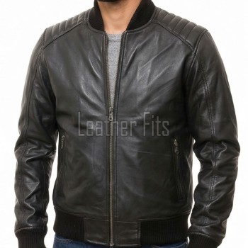 Men Black Leather Bomber Jacket - Vintage Flight Moto Biker Premium Real Sheepskin Padded Shoulder Rib-Knit Slim Fit Zip Coat Men Outerwear