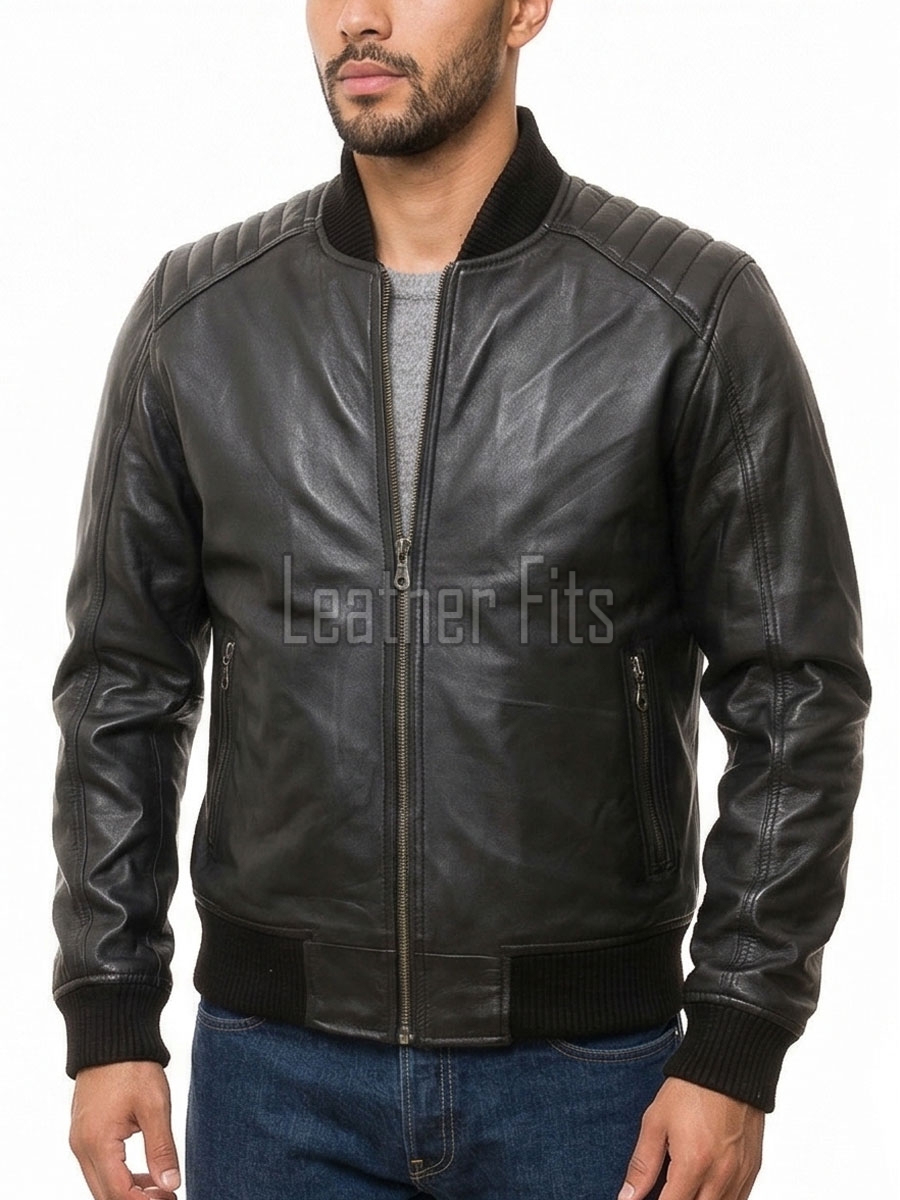 Men Black Leather Bomber Jacket - Vintage Flight Moto Biker Premium Real Sheepskin Padded Shoulder Rib-Knit Slim Fit Zip Coat Men Outerwear