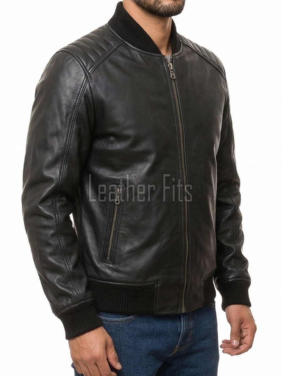 Men Black Leather Bomber Jacket - Vintage Flight Moto Biker Premium Real Sheepskin Padded Shoulder Rib-Knit Slim Fit Zip Coat Men Outerwear