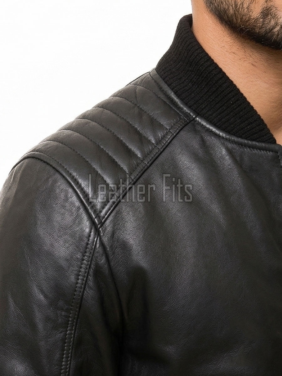 Men Black Leather Bomber Jacket - Vintage Flight Moto Biker Premium Real Sheepskin Padded Shoulder Rib-Knit Slim Fit Zip Coat Men Outerwear