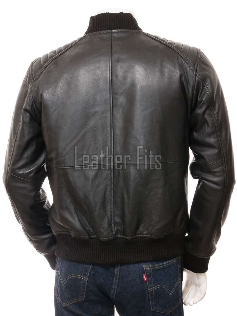 Men Black Leather Bomber Jacket - Vintage Flight Moto Biker Premium Real Sheepskin Padded Shoulder Rib-Knit Slim Fit Zip Coat Men Outerwear