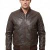 Men Brown Leather Bomber Jacket - Vintage Flight Moto Biker Premium Real Sheepskin Padded Shoulder Rib-Knit Slim Fit Zip Coat Men Outerwear