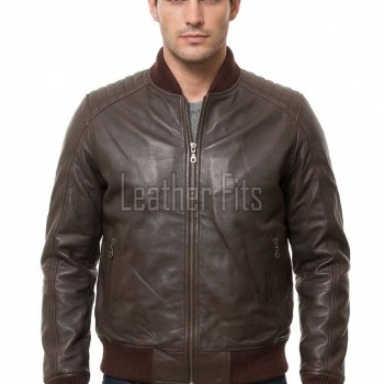 Men Brown Leather Bomber Jacket - Vintage Flight Moto Biker Premium Real Sheepskin Padded Shoulder Rib-Knit Slim Fit Zip Coat Men Outerwear