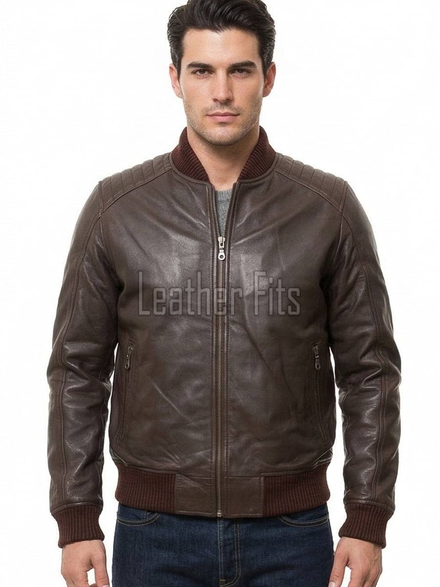 Men Brown Leather Bomber Jacket - Vintage Flight Moto Biker Premium Real Sheepskin Padded Shoulder Rib-Knit Slim Fit Zip Coat Men Outerwear