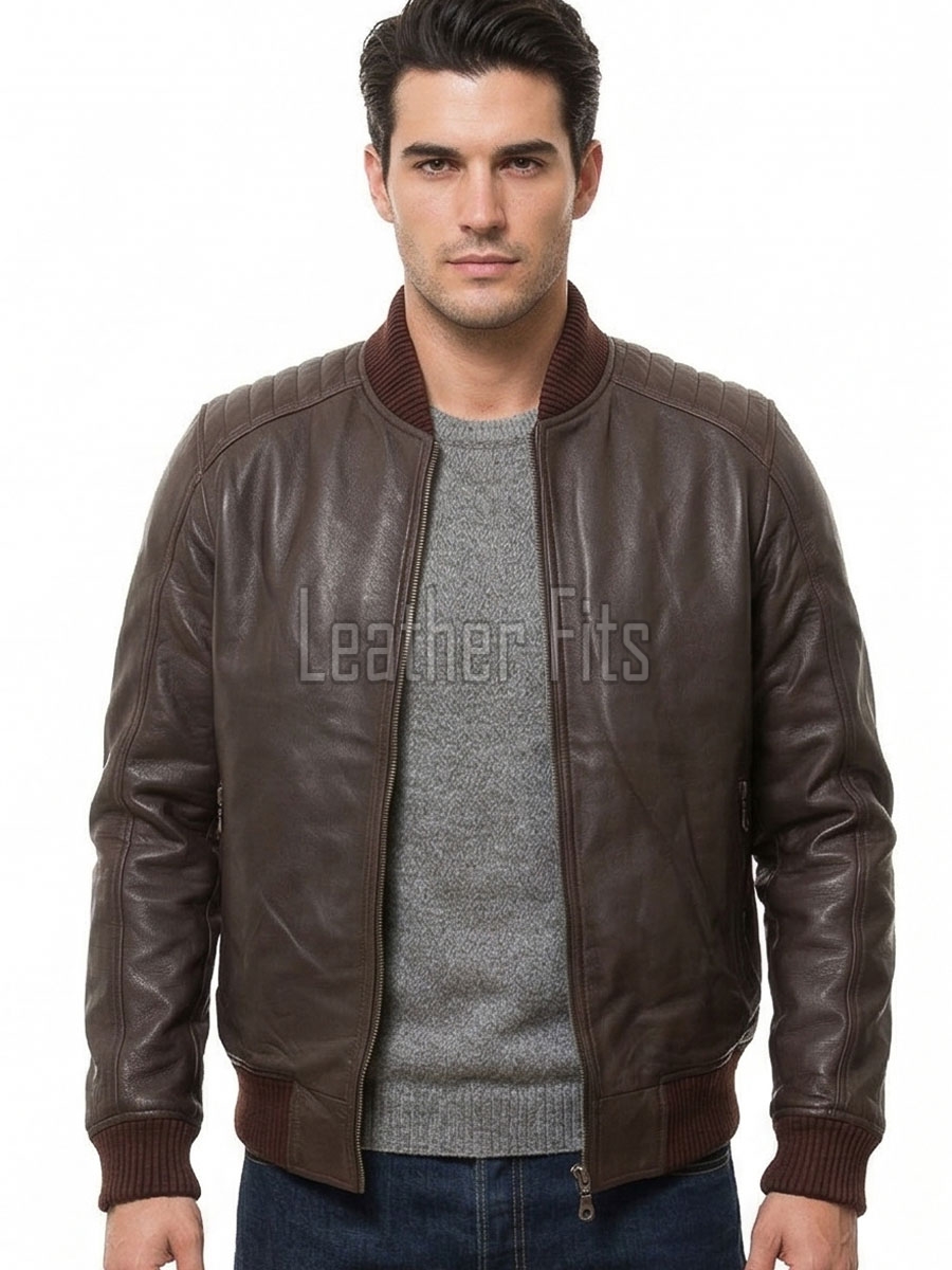 Men Brown Leather Bomber Jacket - Vintage Flight Moto Biker Premium Real Sheepskin Padded Shoulder Rib-Knit Slim Fit Zip Coat Men Outerwear
