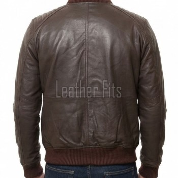 Men Brown Leather Bomber Jacket - Vintage Flight Moto Biker Premium Real Sheepskin Padded Shoulder Rib-Knit Slim Fit Zip Coat Men Outerwear
