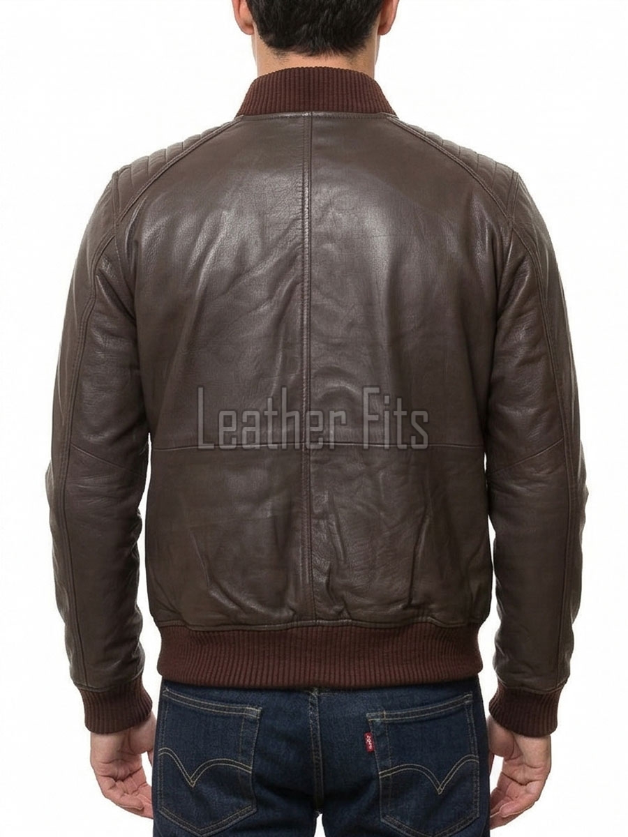 Men Brown Leather Bomber Jacket - Vintage Flight Moto Biker Premium Real Sheepskin Padded Shoulder Rib-Knit Slim Fit Zip Coat Men Outerwear