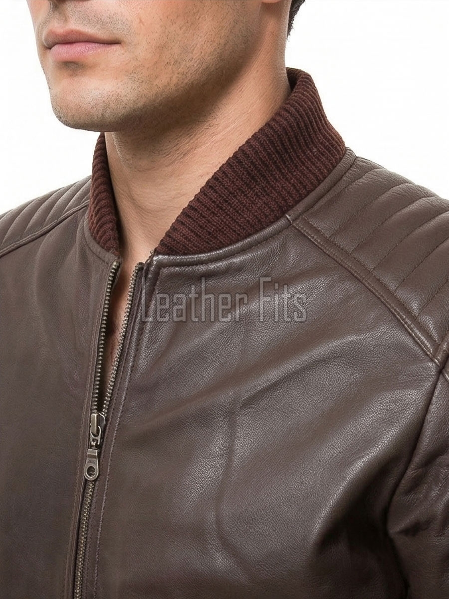 Men Brown Leather Bomber Jacket - Vintage Flight Moto Biker Premium Real Sheepskin Padded Shoulder Rib-Knit Slim Fit Zip Coat Men Outerwear