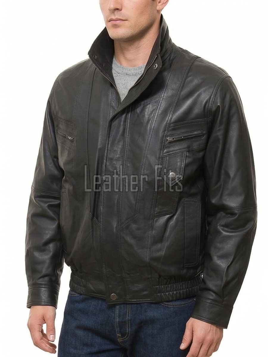 Men Black Leather Bomber Jacket - Vintage Multi-Pocket Pilot Moto Flight Premium Real Sheepskin High Funnel Neck Casual Zip Coat Men Outerwear