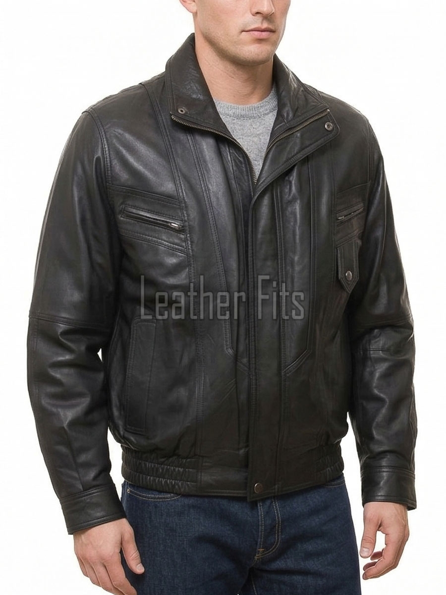 Men Black Leather Bomber Jacket - Vintage Multi-Pocket Pilot Moto Flight Premium Real Sheepskin High Funnel Neck Casual Zip Coat Men Outerwear