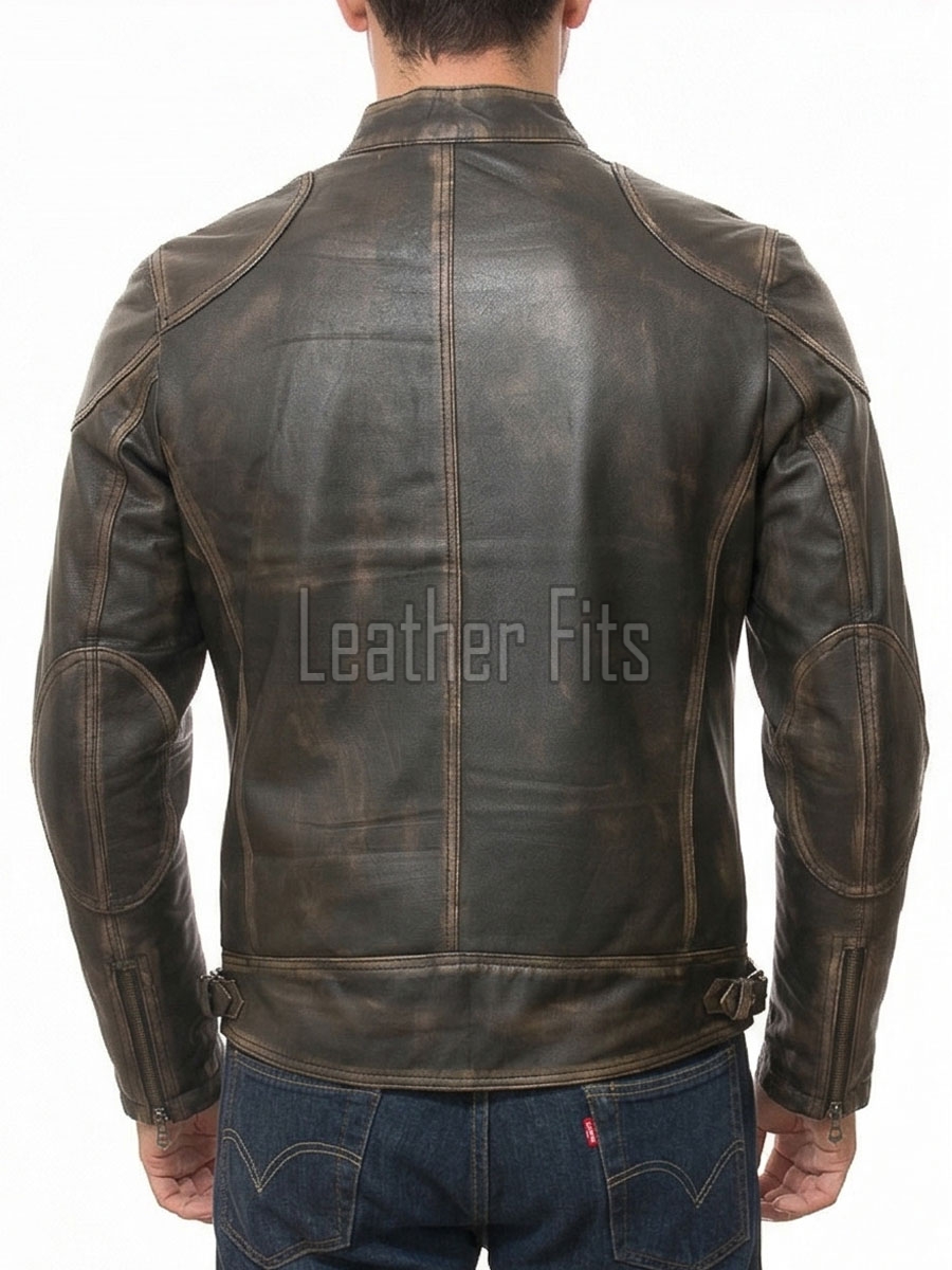 Men Distressed Brown Genuine Leather Vintage Cafe Racer Biker Jacket