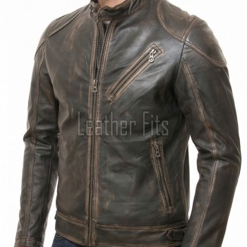 Men Distressed Brown Genuine Leather Vintage Cafe Racer Biker Jacket