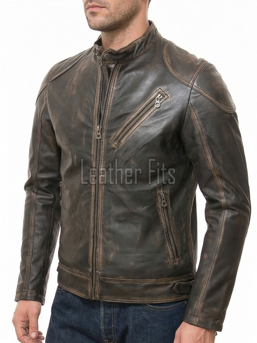 Men Distressed Brown Genuine Leather Vintage Cafe Racer Biker Jacket