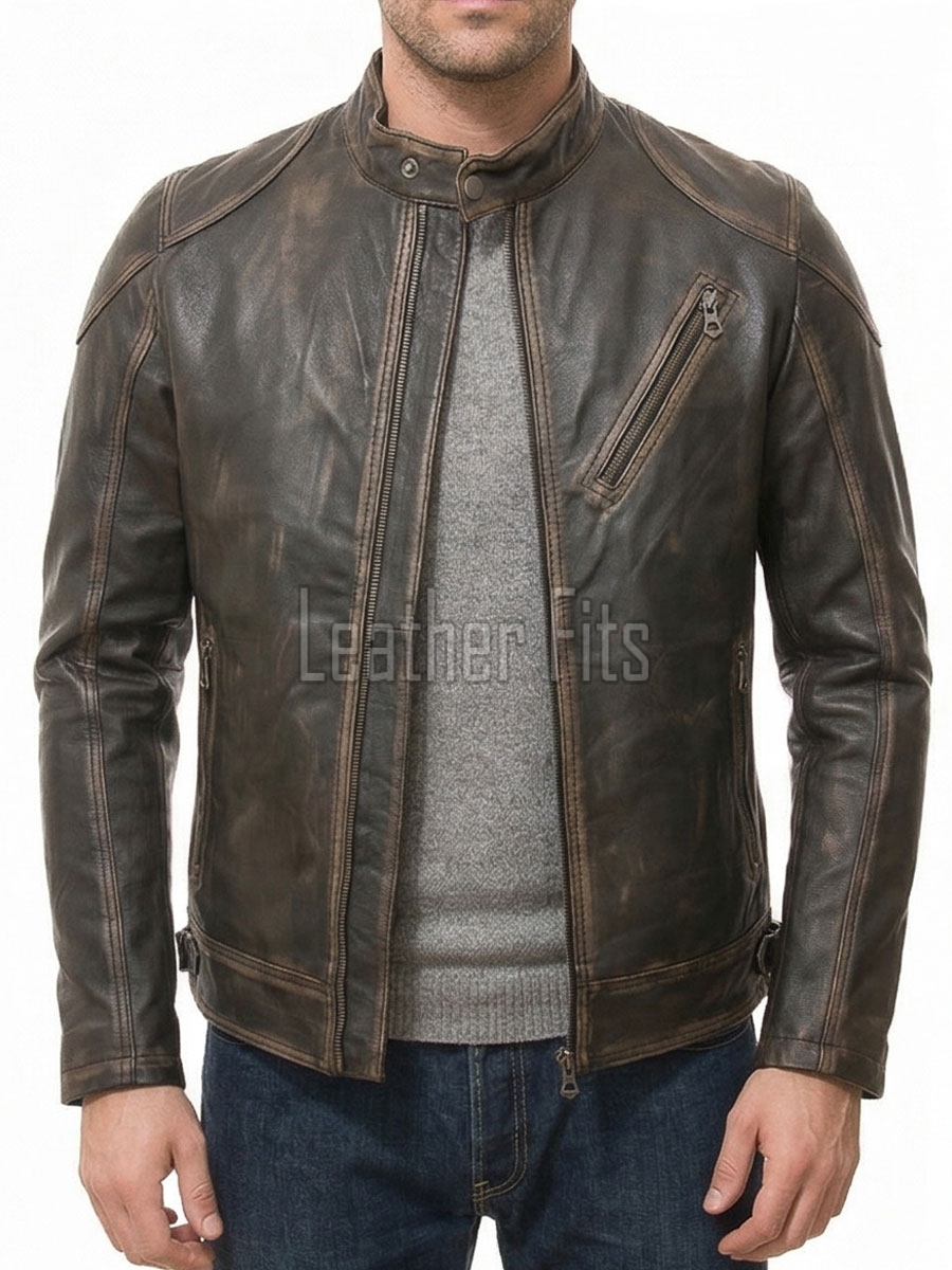 Men Distressed Brown Genuine Leather Vintage Cafe Racer Biker Jacket