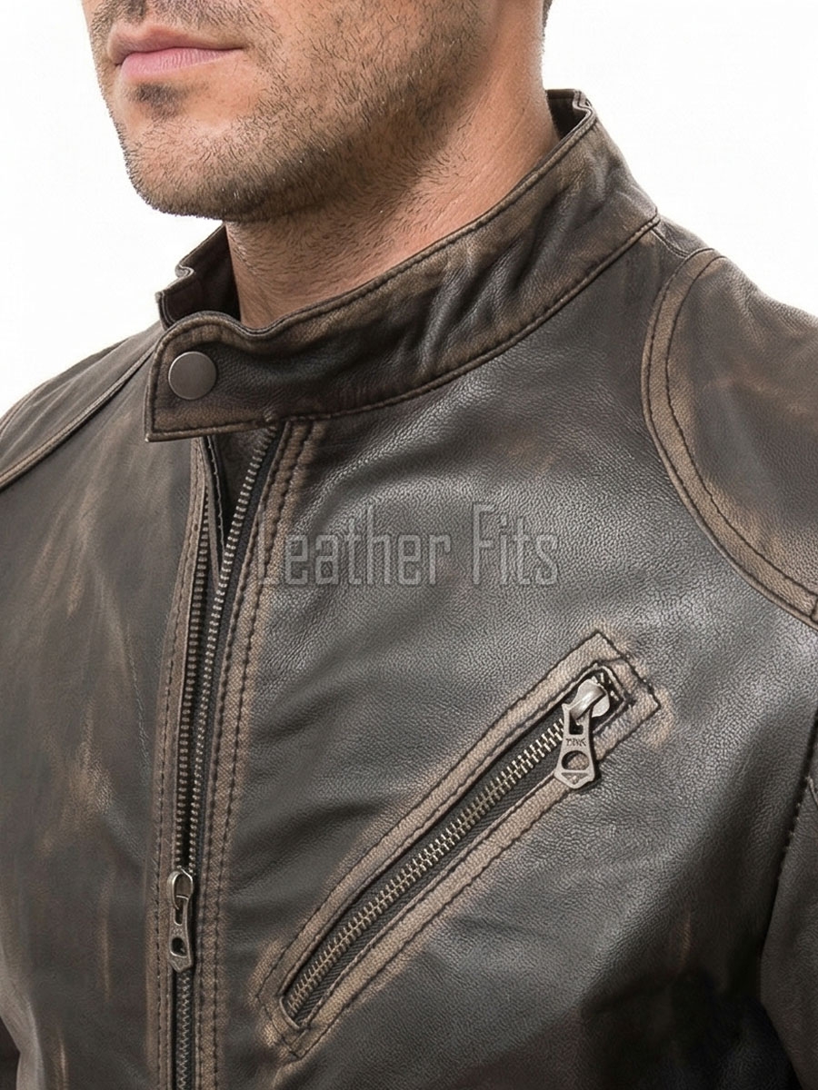 Men Distressed Brown Genuine Leather Vintage Cafe Racer Biker Jacket