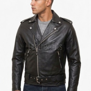 Men Black Leather Biker Jacket - Classic Asymmetric Cross Zip Moto Rider Premium Real Sheepskin Belted Heavy Metal Rock Rocker Men Outerwear