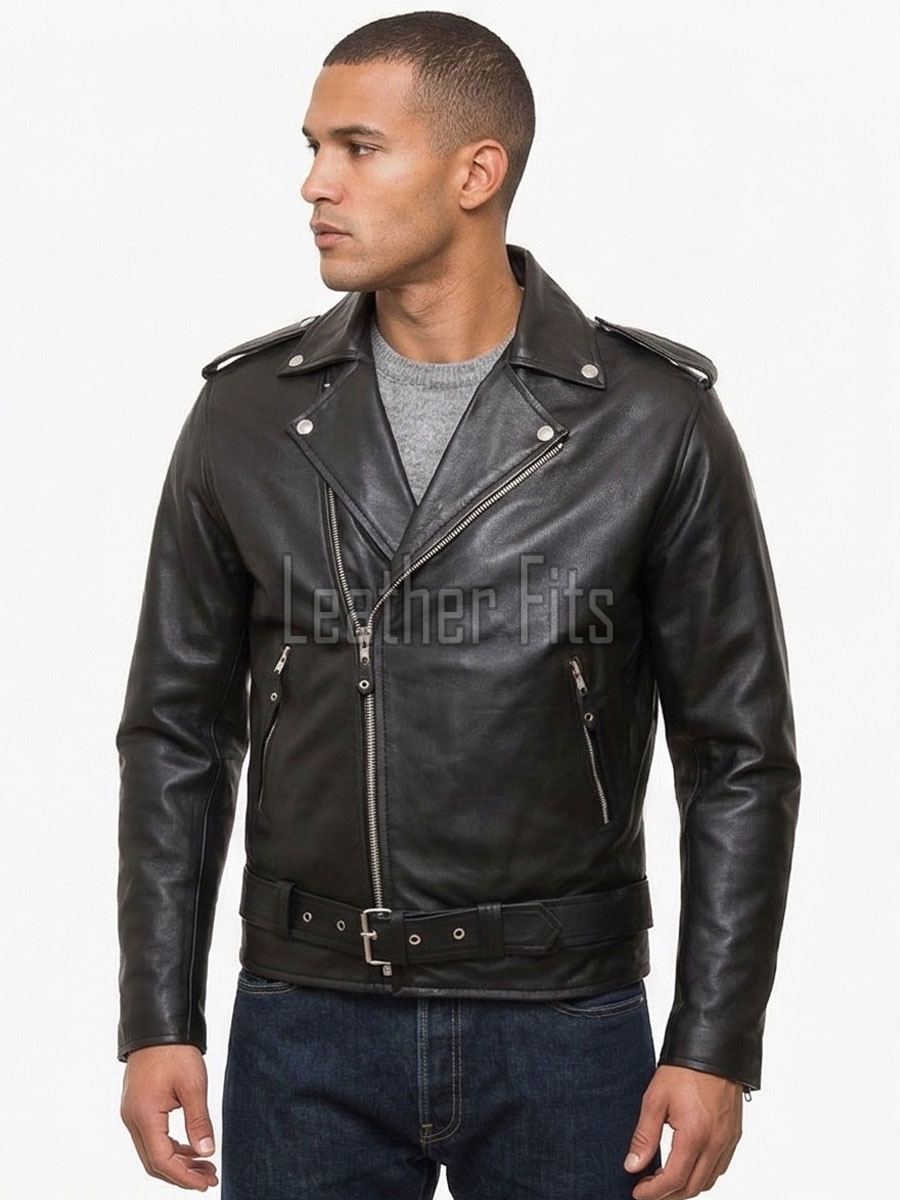 Men Black Leather Biker Jacket - Classic Asymmetric Cross Zip Moto Rider Premium Real Sheepskin Belted Heavy Metal Rock Rocker Men Outerwear