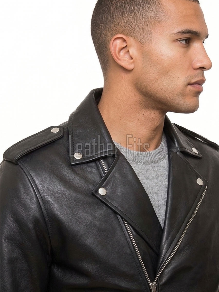 Men Black Leather Biker Jacket - Classic Asymmetric Cross Zip Moto Rider Premium Real Sheepskin Belted Heavy Metal Rock Rocker Men Outerwear