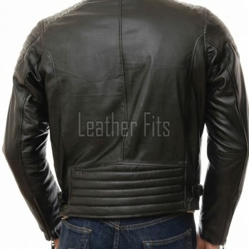 Men Black Leather Biker Jacket - Moto Cafe Racer Premium Real Sheepskin Multi-Zip Padded Shoulder Ribbed Waist Casual Zip Coat Men Outerwear