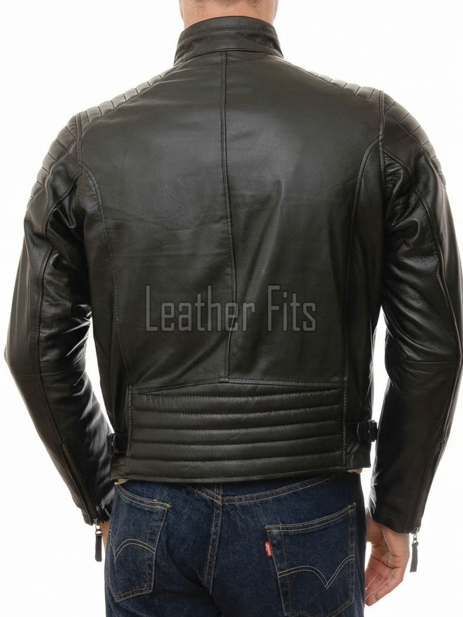 Men Black Leather Biker Jacket - Moto Cafe Racer Premium Real Sheepskin Multi-Zip Padded Shoulder Ribbed Waist Casual Zip Coat Men Outerwear
