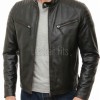 Men Black Leather Biker Jacket - Moto Cafe Racer Premium Real Sheepskin Multi-Zip Padded Shoulder Ribbed Waist Casual Zip Coat Men Outerwear