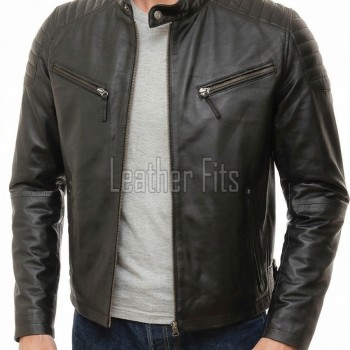 Men Black Leather Biker Jacket - Moto Cafe Racer Premium Real Sheepskin Multi-Zip Padded Shoulder Ribbed Waist Casual Zip Coat Men Outerwear