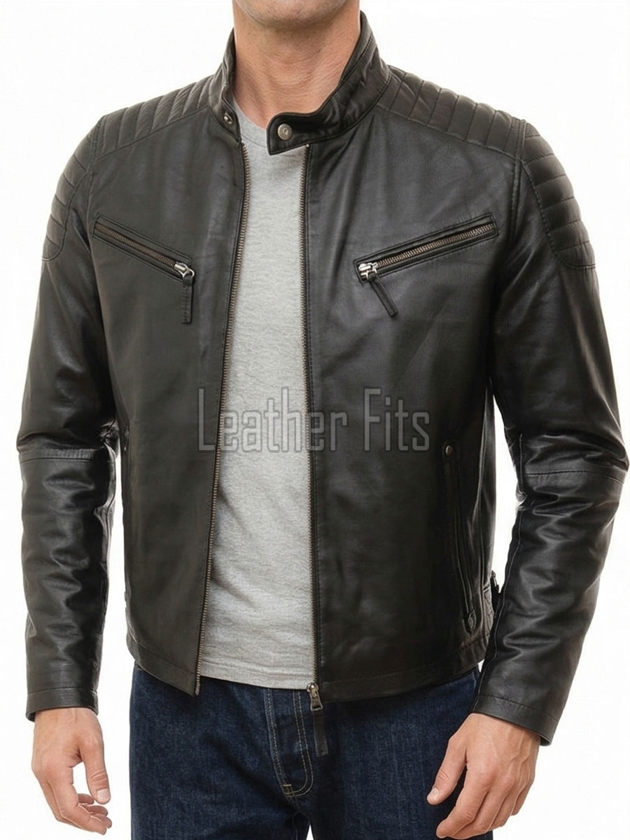 Men Black Leather Biker Jacket - Moto Cafe Racer Premium Real Sheepskin Multi-Zip Padded Shoulder Ribbed Waist Casual Zip Coat Men Outerwear