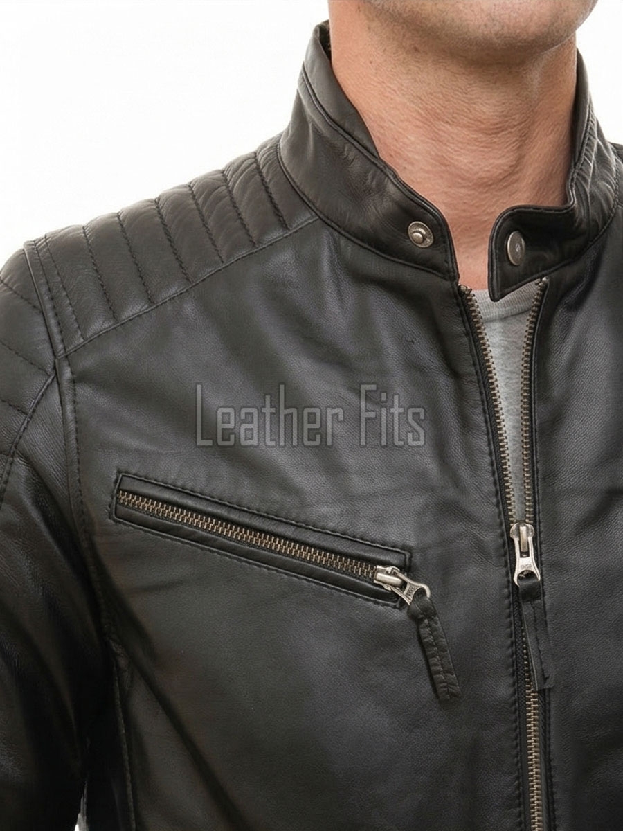 Men Black Leather Biker Jacket - Moto Cafe Racer Premium Real Sheepskin Multi-Zip Padded Shoulder Ribbed Waist Casual Zip Coat Men Outerwear
