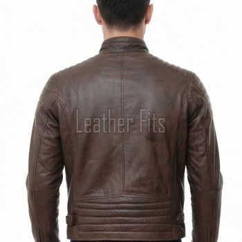 Men Antique Brown Leather Jacket - Vintage Moto Cafe Racer Premium Real Sheepskin Ribbed Shoulder Padded Waist Zip Coat Men Outerwear