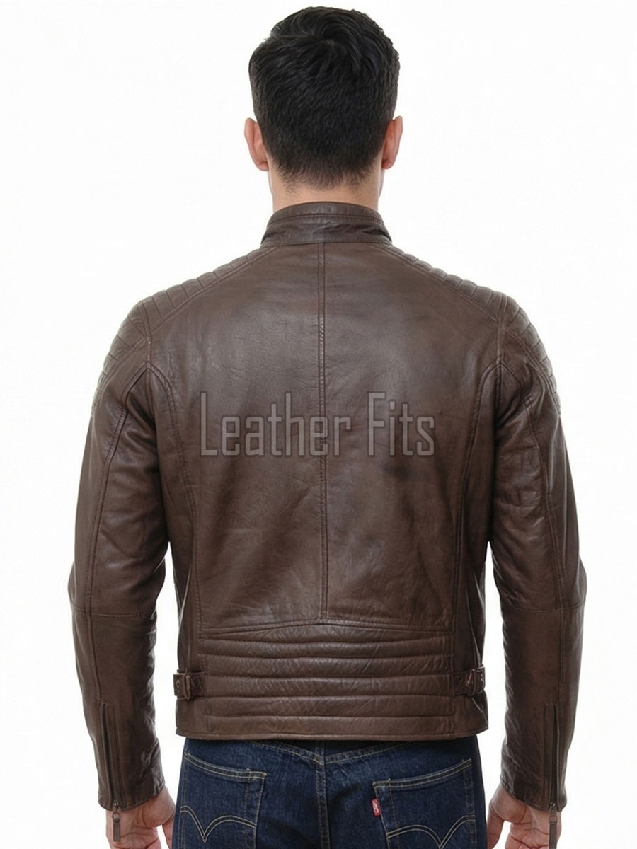 Men Antique Brown Leather Jacket - Vintage Moto Cafe Racer Premium Real Sheepskin Ribbed Shoulder Padded Waist Zip Coat Men Outerwear