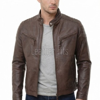 Men Antique Brown Leather Jacket - Vintage Moto Cafe Racer Premium Real Sheepskin Ribbed Shoulder Padded Waist Zip Coat Men Outerwear