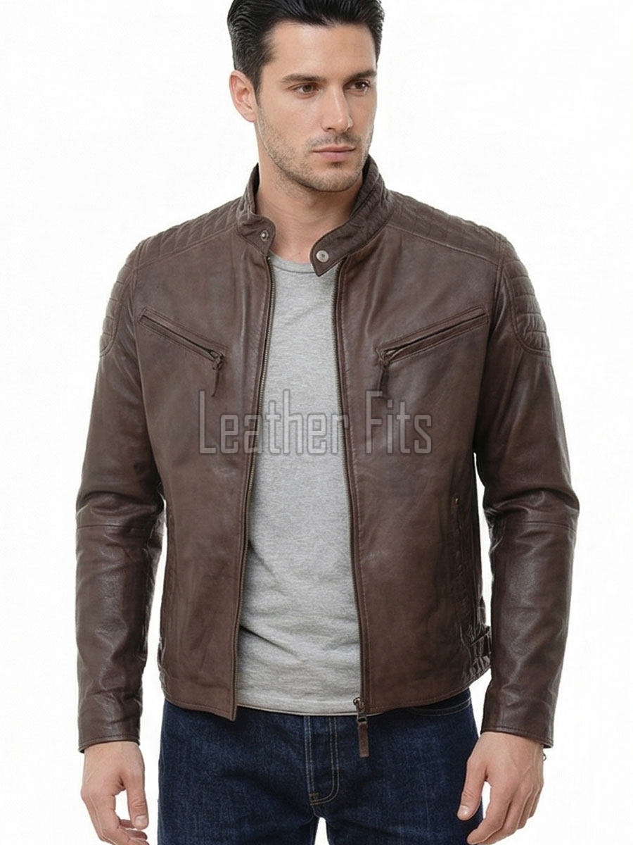 Men Antique Brown Leather Jacket - Vintage Moto Cafe Racer Premium Real Sheepskin Ribbed Shoulder Padded Waist Zip Coat Men Outerwear