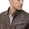 Men Antique Brown Leather Jacket - Vintage Moto Cafe Racer Premium Real Sheepskin Ribbed Shoulder Padded Waist Zip Coat Men Outerwear