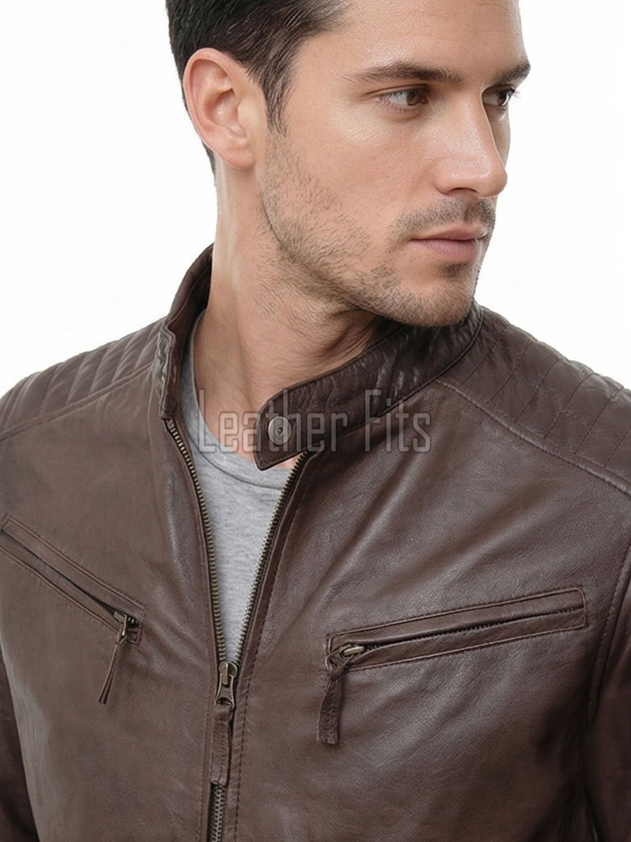 Men Antique Brown Leather Jacket - Vintage Moto Cafe Racer Premium Real Sheepskin Ribbed Shoulder Padded Waist Zip Coat Men Outerwear