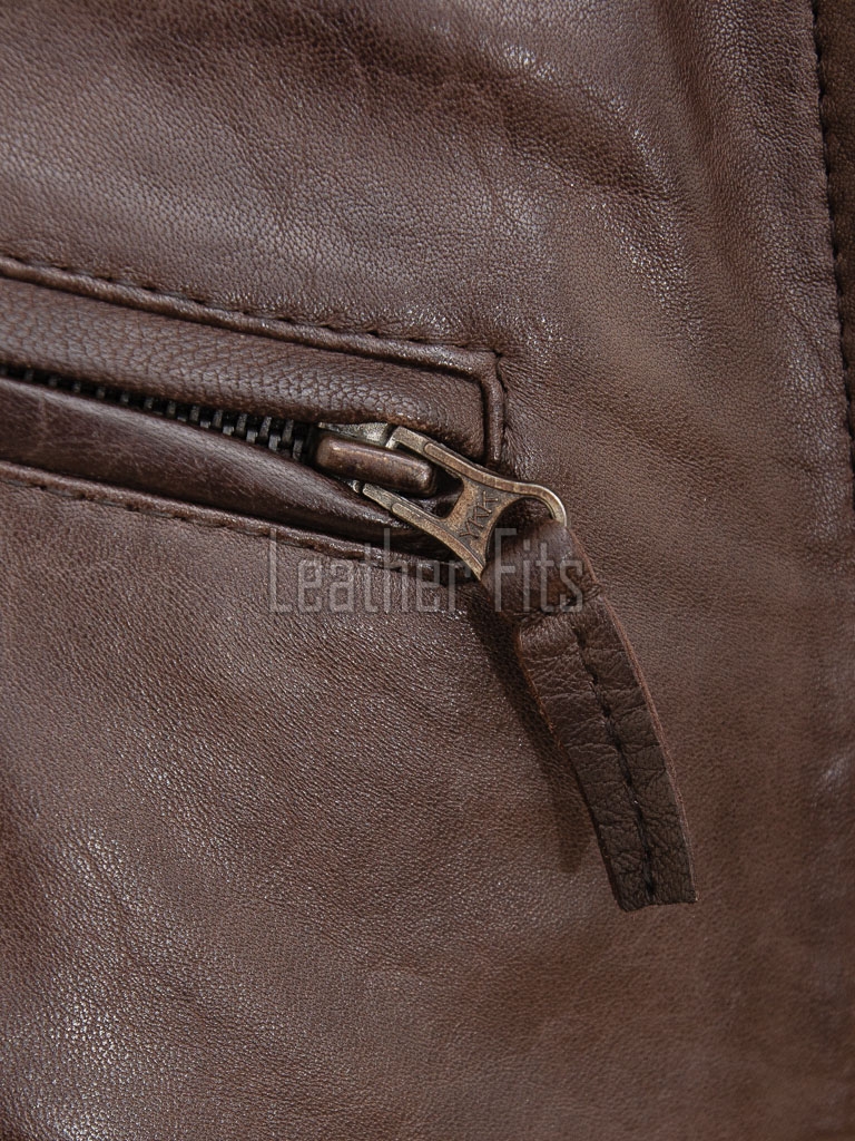 Men Antique Brown Leather Jacket - Vintage Moto Cafe Racer Premium Real Sheepskin Ribbed Shoulder Padded Waist Zip Coat Men Outerwear