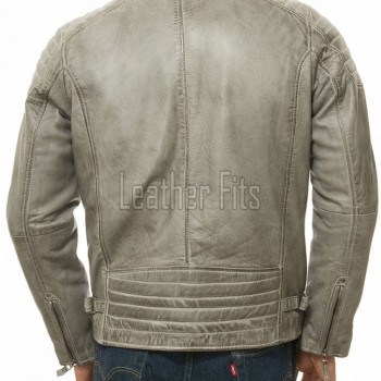 Men Distressed Gray Leather Jacket - Vintage Moto Cafe Racer Premium Real Sheepskin Ribbed Shoulder Padded Waist Zip Coat Men Outerwear
