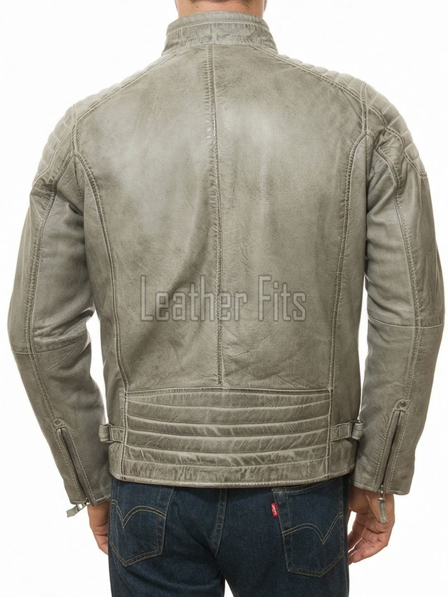 Men Distressed Gray Leather Jacket - Vintage Moto Cafe Racer Premium Real Sheepskin Ribbed Shoulder Padded Waist Zip Coat Men Outerwear