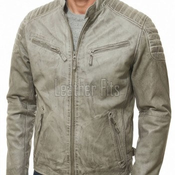 Men Distressed Gray Leather Jacket - Vintage Moto Cafe Racer Premium Real Sheepskin Ribbed Shoulder Padded Waist Zip Coat Men Outerwear