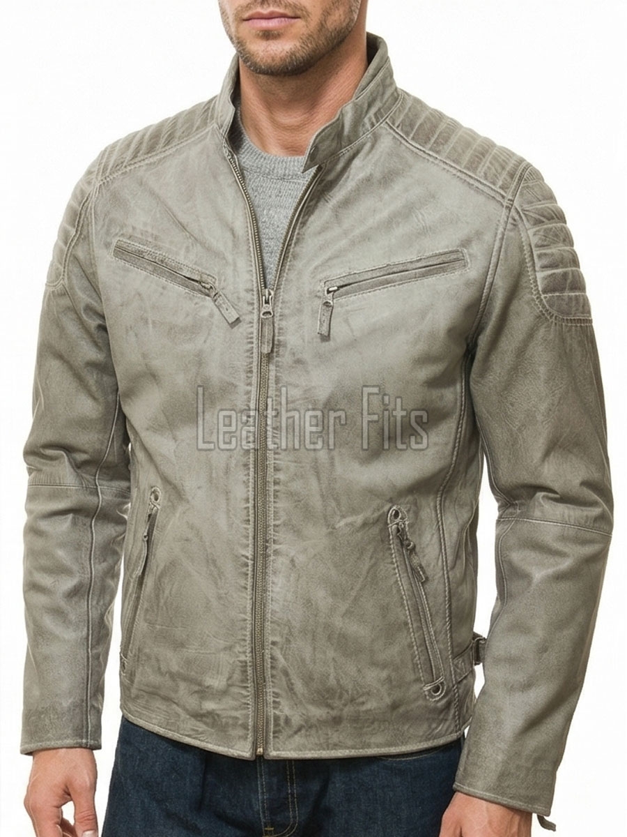 Men Distressed Gray Leather Jacket - Vintage Moto Cafe Racer Premium Real Sheepskin Ribbed Shoulder Padded Waist Zip Coat Men Outerwear