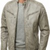 Men Distressed Gray Leather Jacket - Vintage Moto Cafe Racer Premium Real Sheepskin Ribbed Shoulder Padded Waist Zip Coat Men Outerwear