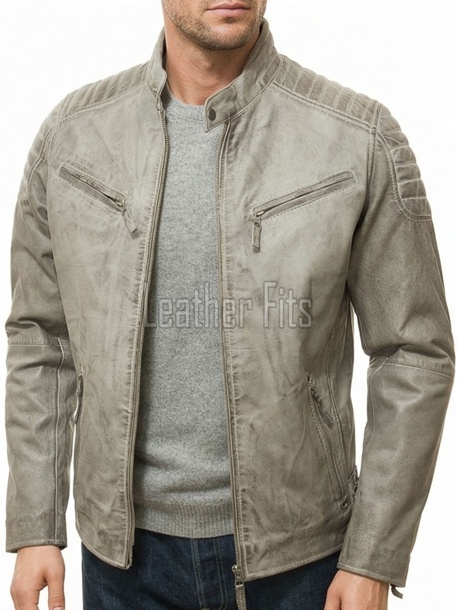 Men Distressed Gray Leather Jacket - Vintage Moto Cafe Racer Premium Real Sheepskin Ribbed Shoulder Padded Waist Zip Coat Men Outerwear