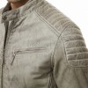 Men Distressed Gray Leather Jacket - Vintage Moto Cafe Racer Premium Real Sheepskin Ribbed Shoulder Padded Waist Zip Coat Men Outerwear