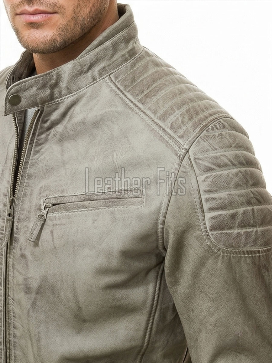 Men Distressed Gray Leather Jacket - Vintage Moto Cafe Racer Premium Real Sheepskin Ribbed Shoulder Padded Waist Zip Coat Men Outerwear