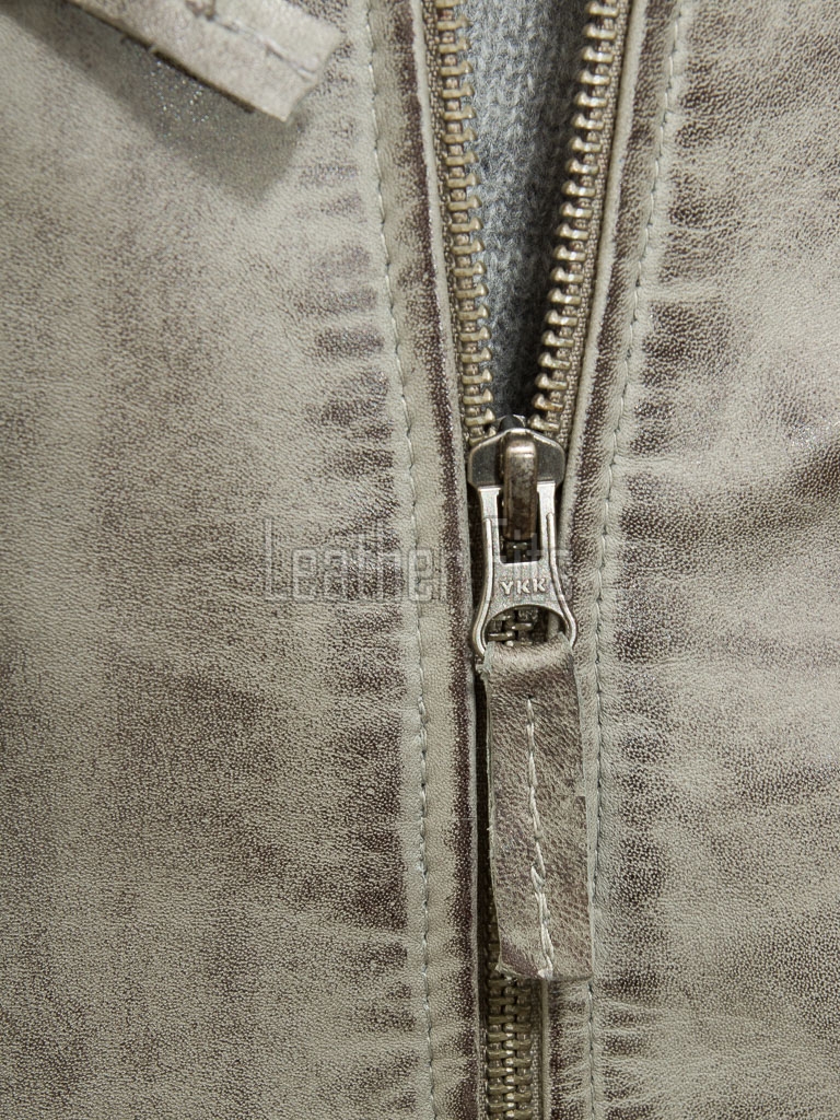 Men Distressed Gray Leather Jacket - Vintage Moto Cafe Racer Premium Real Sheepskin Ribbed Shoulder Padded Waist Zip Coat Men Outerwear