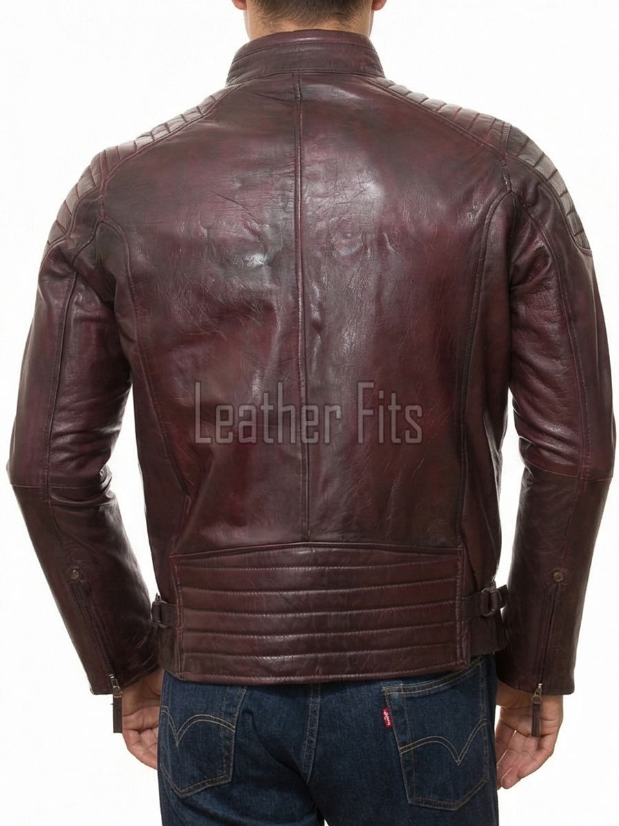 Men Oxblood Leather Biker Jacket - Vintage Burgundy Moto Cafe Racer Premium Real Sheepskin Ribbed Shoulder Padded Waist Zip Coat Men Outerwear