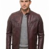 Men Oxblood Leather Biker Jacket - Vintage Burgundy Moto Cafe Racer Premium Real Sheepskin Ribbed Shoulder Padded Waist Zip Coat Men Outerwear