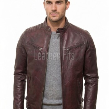 Men Oxblood Leather Biker Jacket - Vintage Burgundy Moto Cafe Racer Premium Real Sheepskin Ribbed Shoulder Padded Waist Zip Coat Men Outerwear
